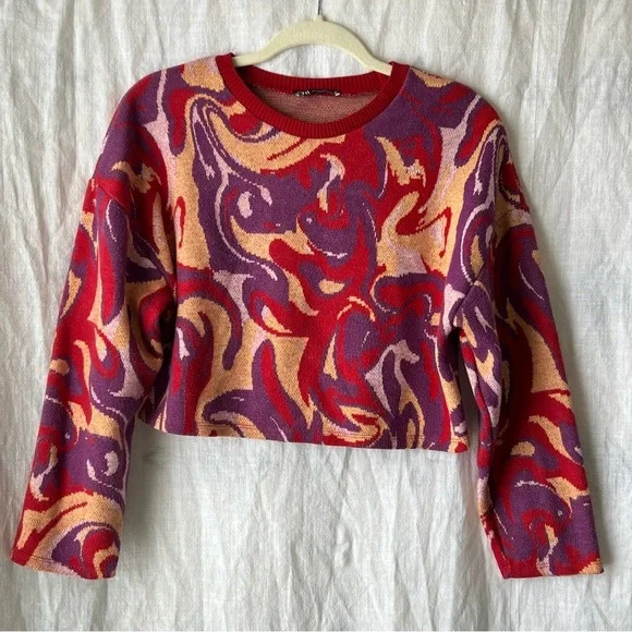 Zara Women's Jacquard knit sweater geo print Sz Medium Cropped - Picture 1 of 7